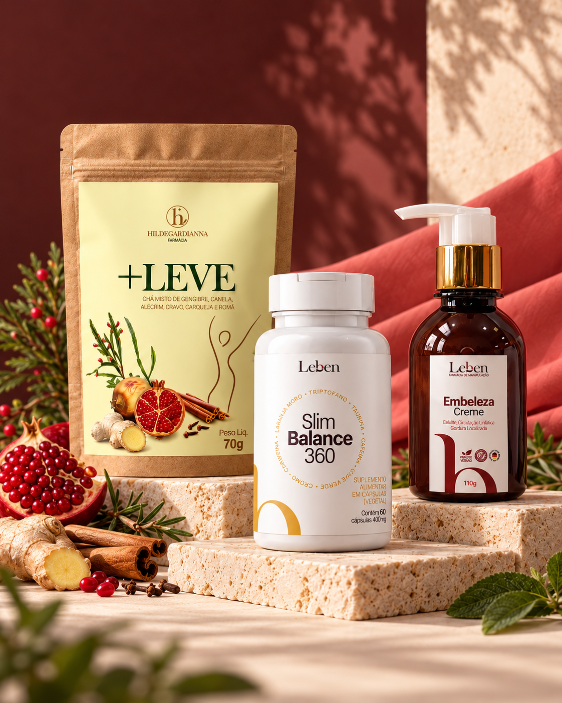 Mais Leve, Slim Balance 360 e Creme Embeleza sobre pedras naturais, com romã, gengibre e canela